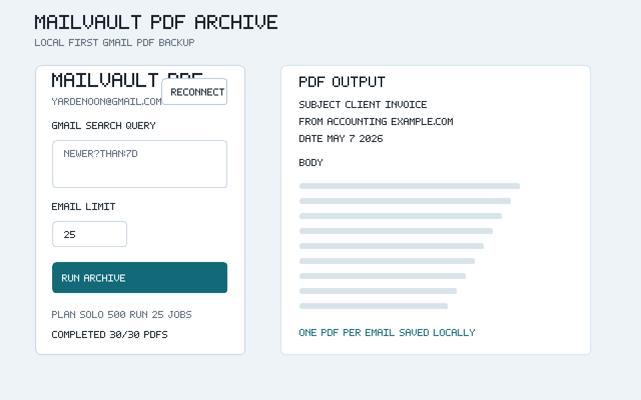 MailVault PDF Archive popup showing a Gmail search query and archive controls.